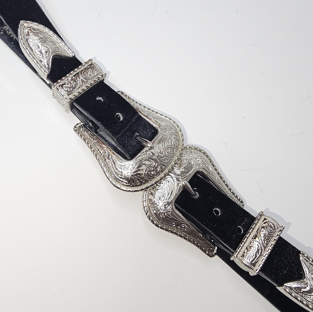 Zara Western Style Black Belt with Silver Double Buckles - Picture 2 of 16